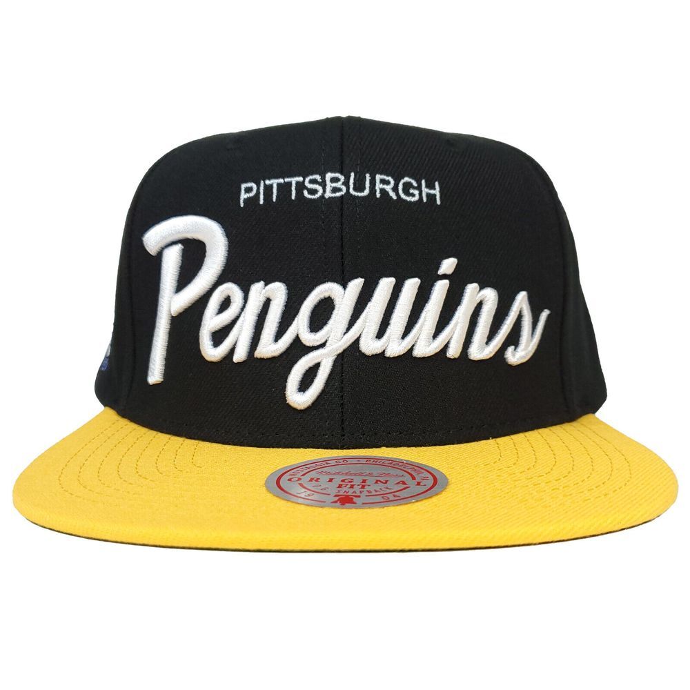 Pittsburgh Penguins Mitchell & Ness NHL Snapback Hat Cap Script 3D Logo NWT